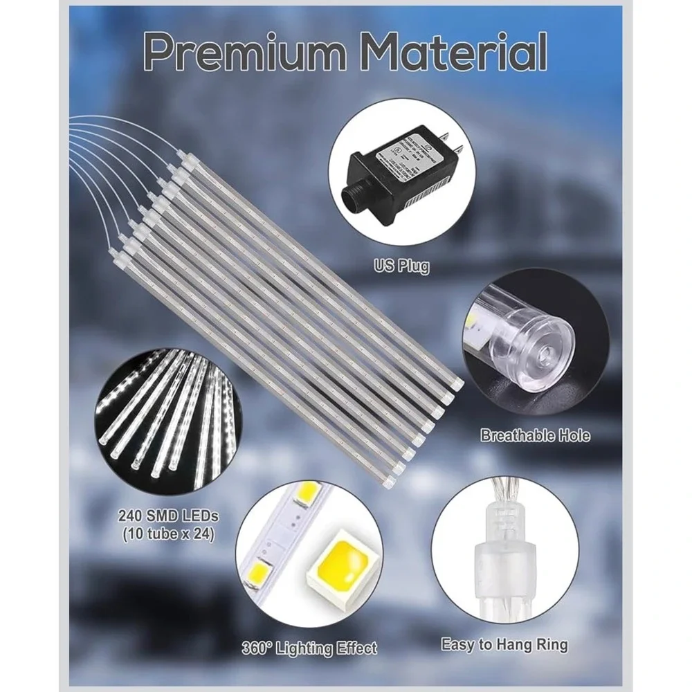 Meteor Shower Rain Lights 10 Tubes 240 LED Falling Snow Icicle White Outdoor New